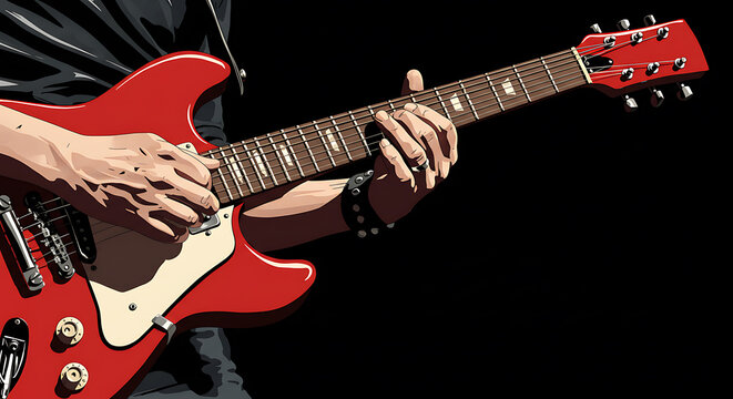 Red Electric Guitar Close-up: Musician's Hands Playing - Powered by Adobe