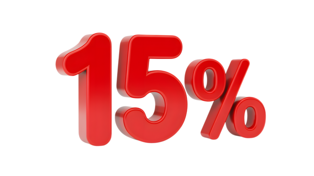 Red 3D 15% text, perfect for sales, discounts, special offers, and promotions
