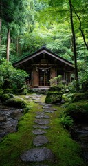 Serene moss-covered stone path leads to a small wooden shrine nestled within a lush, verdant forest, a tranquil scene