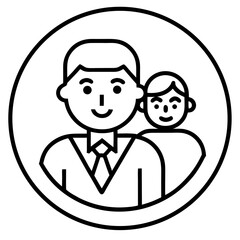 Stylized black and white line art icon representing two smiling people one adult and one child within a circular frame symbolizing community or family