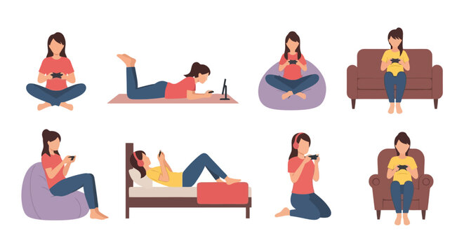 Diverse Poses of a Woman Engaged with a Smartphone for Mobile App Design and User Interface Illustrations, promoting user engagement, mobile gaming, or social media usage.