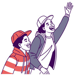 Two young friends wearing baseball caps and casual clothing one waving enthusiastically captured in a modern line art style with bold colors