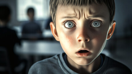 A young boy's face, expressing a look of surprise and fear.