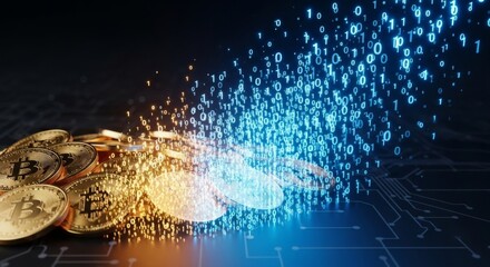 A pile of golden bitcoins transforming into a stream of digital binary code against a dark, tech-themed background.