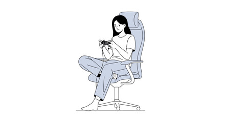 Minimalist Illustration of a Woman Gaming in a Comfortable Chair, Ideal for Promoting Gaming Culture, Relaxation, and Modern Lifestyle Design