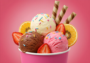 Indulge in a delightful trio of creamy ice cream scoops with fresh strawberries, vibrant orange slices, and crunchy wafer rolls, perfect for summer treats and dessert promotions