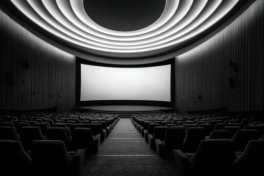 Empty movie theater, black and white, lit by concentric rings