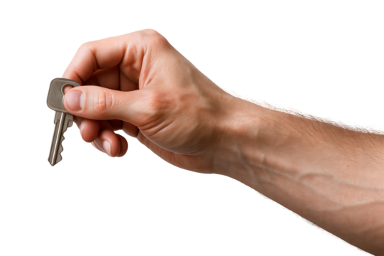 A close-up of a male hand holding a silver key, signifying ownership or transition.