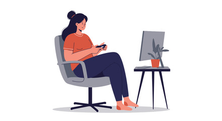 Woman Relaxing at Home Playing Video Games in Minimalist Room, Enjoying Leisure Time and Modern Entertainment on a Computer Screen