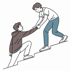 Two young men helping each other climb up a staircase symbolizing support teamwork and achieving goals together