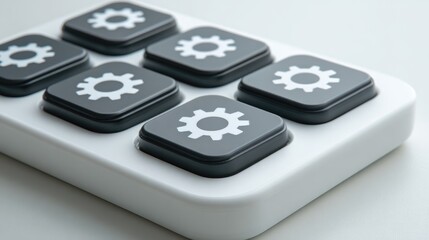 Close-up of a white control panel with black buttons, each featuring a white gear icon