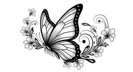 Black and white illustration of a butterfly with flowers isolated on white background