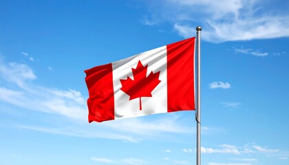 Canadian flag billowing in a clear blue sky