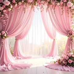 Pink floral curtains frame a sunlit window, creating a romantic, dreamy scene