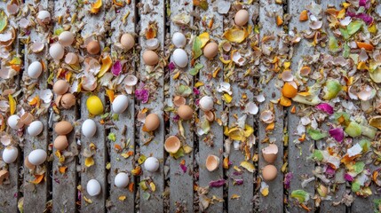 A scattering of food scraps and eggshells on a gray surface.