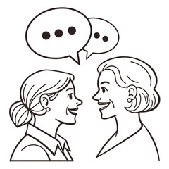 Two smiling women in profile view engaged in conversation with speech bubbles indicating communication and dialogue conveying a positive interaction