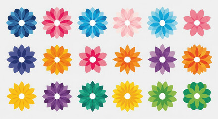 Collection of colorful geometric floral shapes in a grid pattern, isolated on white background