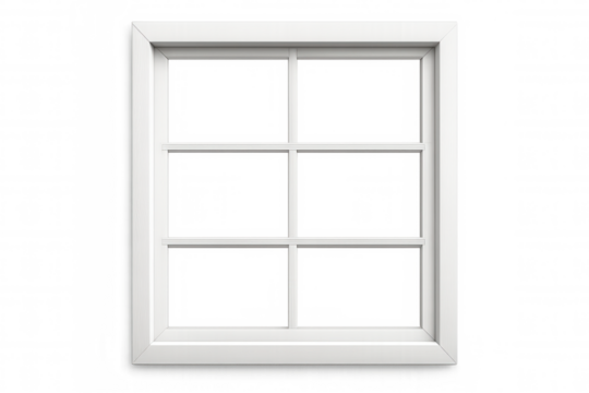 White window frame with six glass panes isolated on transparent background, ideal for architectural renderings and interior design projects
