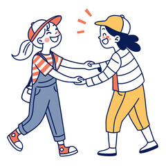 Two happy young girls wearing baseball caps and casual clothes shaking hands and smiling warmly while walking together in a friendly greeting