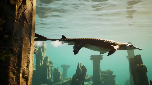 Underwater world with Ichthyosaur swimming gracefully among ancient ruins