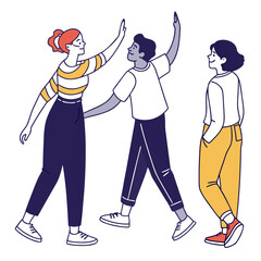 Three diverse friends celebrating success with high fives and a confident stride showcasing teamwork and positive interaction in a modern flat illustration style