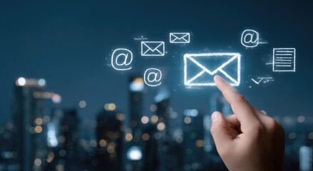 A hand points to glowing email icons over a cityscape at night
