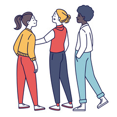Fototapeta premium Three diverse friends in casual clothing interacting positively and showing support for each other in a friendly conversation
