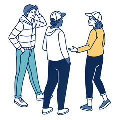 Three diverse young friends in casual clothing and baseball caps engaged in a lively conversation outdoors on a bright day
