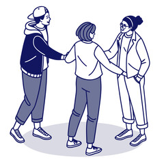 Three diverse young adults in casual clothing holding hands and forming a circle symbolizing unity friendship and connection in a modern illustration