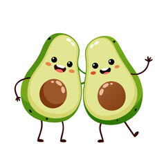 Two happy cartoon avocados with smiling faces and arms raised in a friendly gesture isolated on a black background