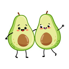 Two happy cartoon avocados with cute faces and arms raised in a friendly gesture isolated on a black background