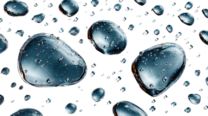 Liquid Tranquility: Crystal clear water droplets in varying sizes and shapes, each encapsulating a miniature world within its reflective surface, against a pure backdrop.