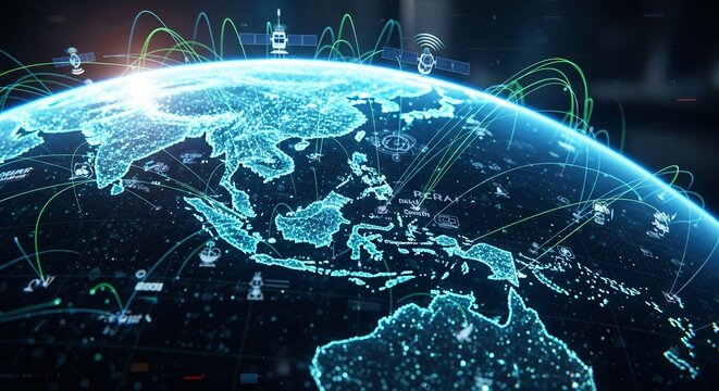 Global Digital Network: Earth with Glowing Continents Orbiting Satellites and Interconnected Data Lines.