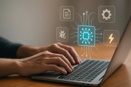 Laptop AI Coding Interface with Microchip, Bug Fix, Document, and Energy Icons