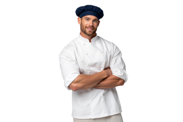 Confident male chef in white uniform and blue toque smiling with arms crossed, ready for culinary excellence