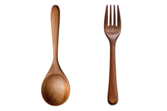 Traditional wooden spoon and fork set, ideal for rustic dining, eco-friendly themes, and culinary concepts