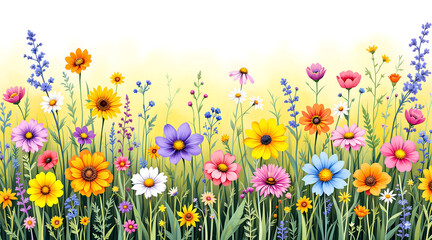 Vibrant Colorful Wildflowers in a Lush Green Field with Yellow Background