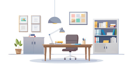 Illustration of a well organized office space with desk chair and bookshelf in a clean environment