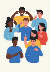 Obraz premium Group of diverse young adults pointing at each other, some covering ears, smiling, and interacting in a playful manner.