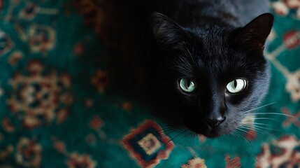 Close-up of a black cat with striking green eyes, gazing into the camera, resting on a colorful patterned carpet.