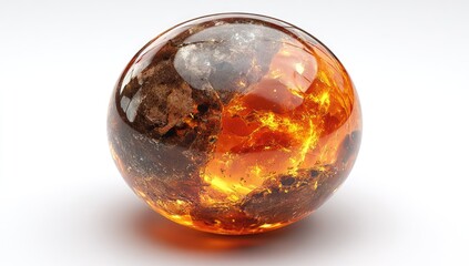 Amber sphere, vibrant orange/yellow inside, dark brown/grey outside, glossy