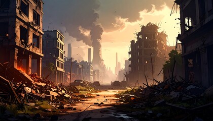 Post-apocalyptic city street scene at sunset, showing ruined buildings and debris