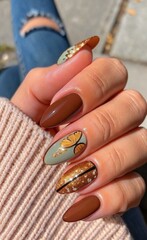 rich brown and gold foil accent nail design