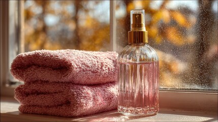 Rose Towels and Bottle by the Window