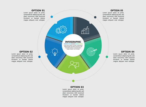 Circular infographic diagram with five colorful segments showing icons and editable text for data options	
