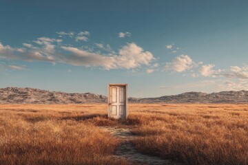 A weathered white door stands alone in a vast golden field, bathed in warm sunlight, under a clear blue sky with scattered clouds.  Vast, open landscape stretches to distant mountains