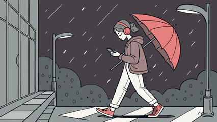 Illustration of a woman walking with an umbrella in the rain while using her mobile phone outside a building