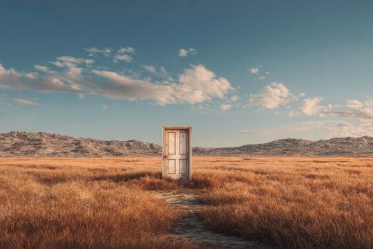 A weathered white door stands alone in a vast golden field, bathed in warm sunlight, under a clear blue sky with scattered clouds.  Vast, open landscape stretches to distant mountains