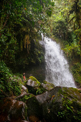 Girl posing by the waterfalls in the jungle