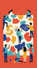 A diverse group of people collaboratively painting a large, colorful abstract mural.